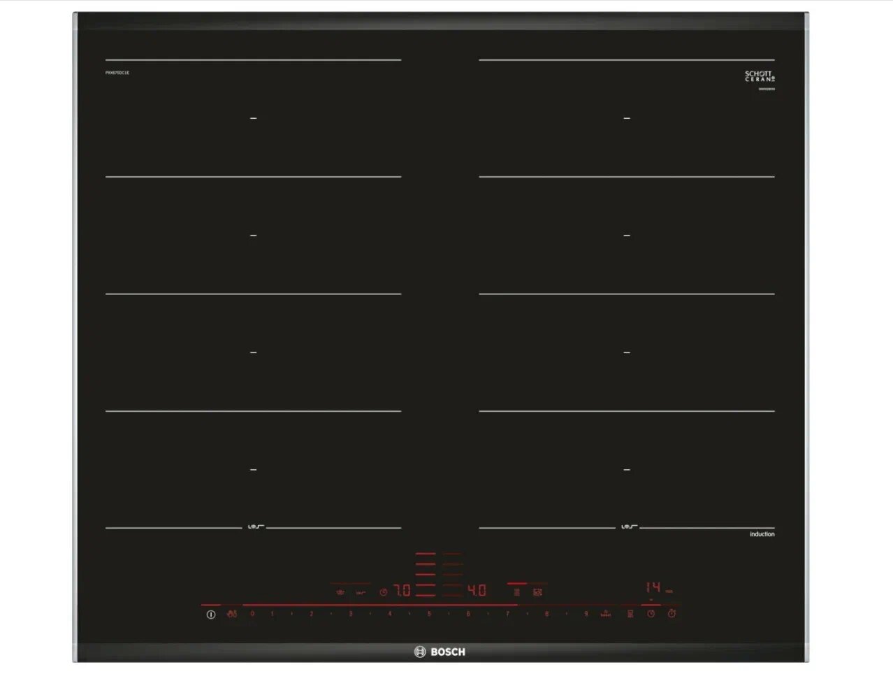 Индукционная варочная панель Bosch PXX675DC1E, цвет панели черный, цвет рамки серебристый