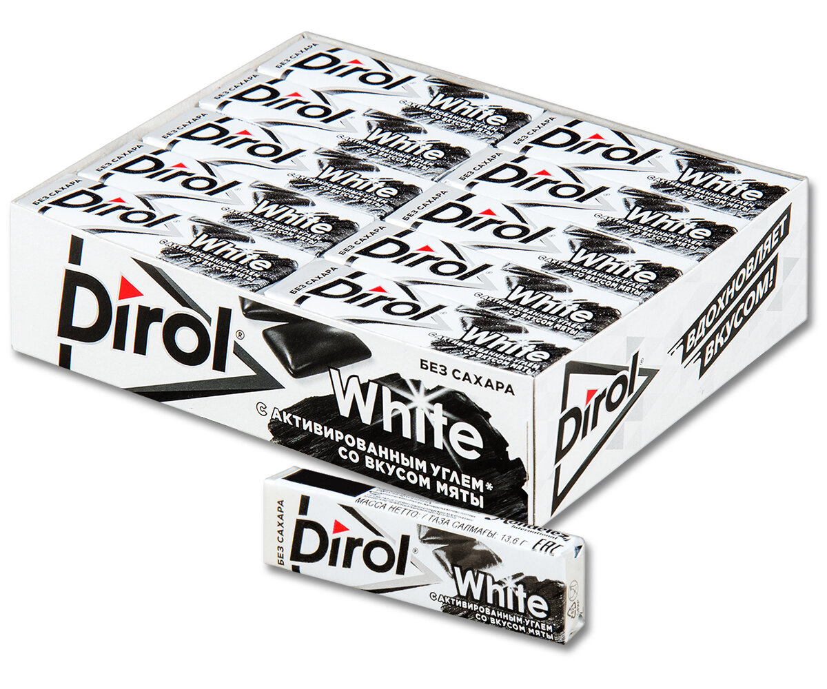 Жевательная резинка Dirol White Мята с активированным углем, без сахара, 13.6 г, 30 шт.