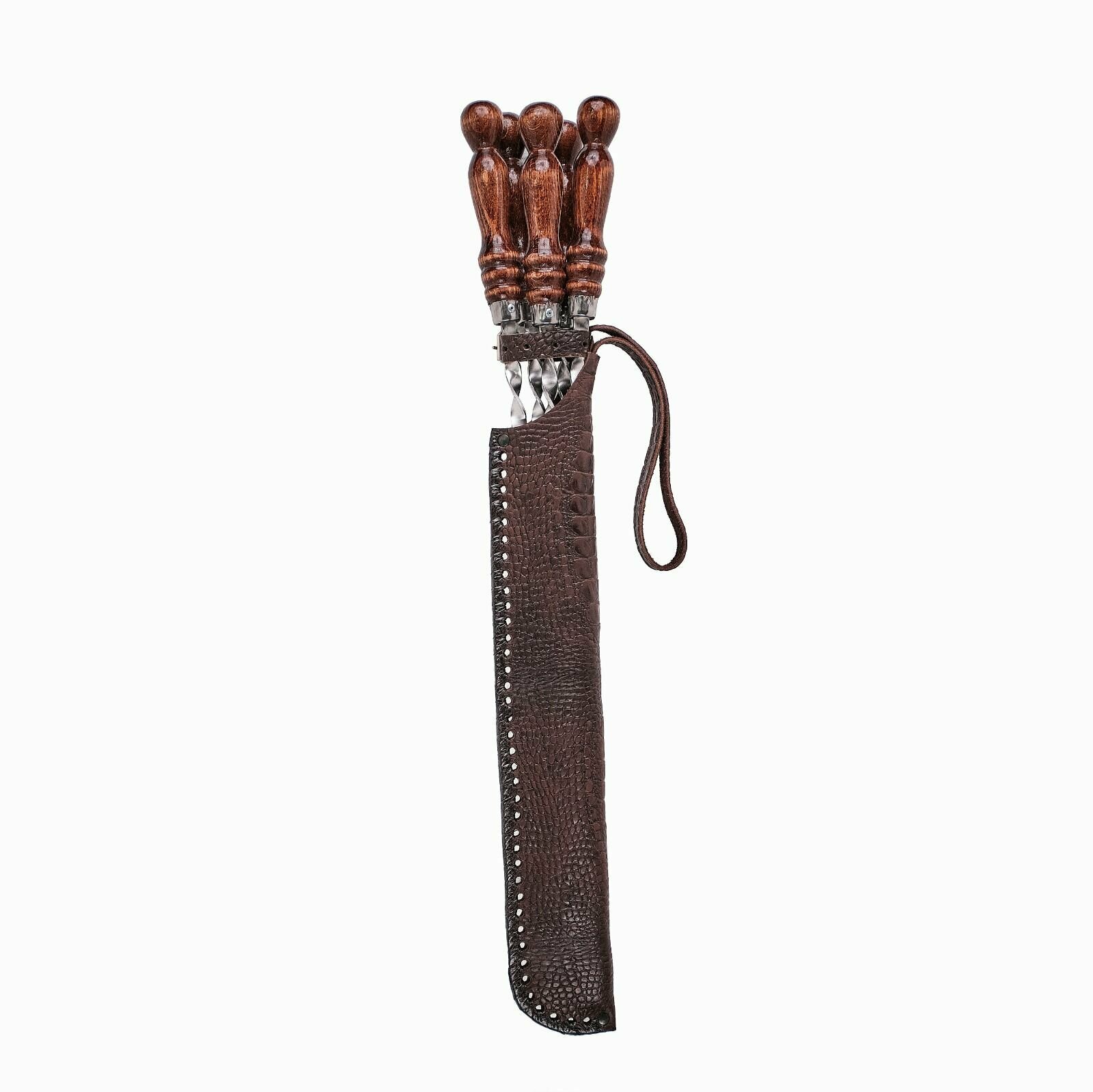 Подарочный мужской набор шампуров 70 см из нержавеющей стали с деревянной ручкой в кожаном чехле (колчане) ручной работы - фотография № 2