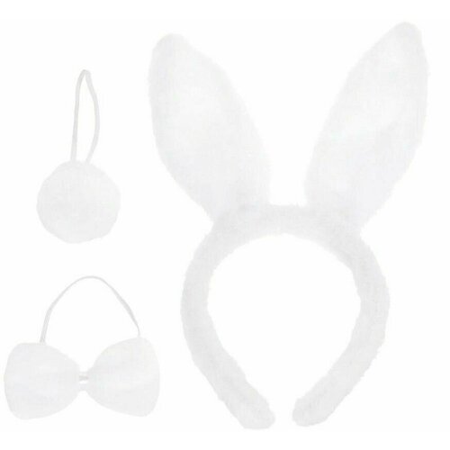фото Набор карнавальный уши зайца белые светящиеся, хвост, галстук-бабочка cosy