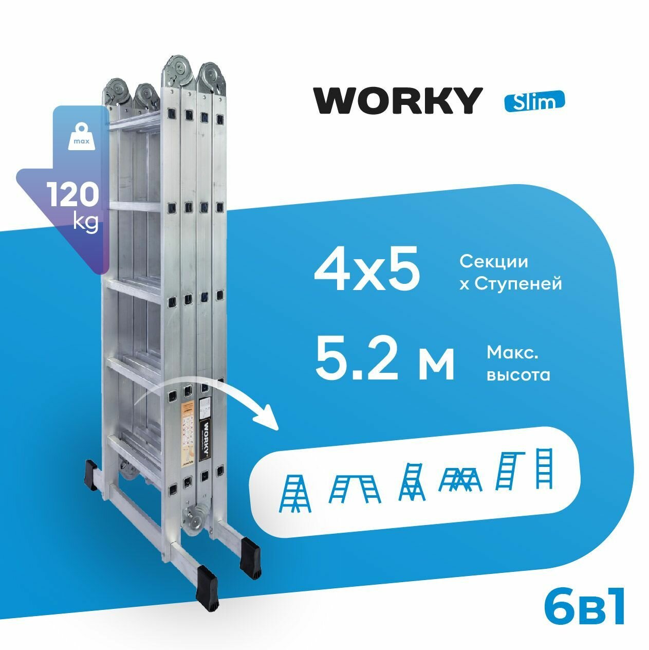 Лестница трансформер 4х5 WORKY Slim, 4 секции по 5 ступеней