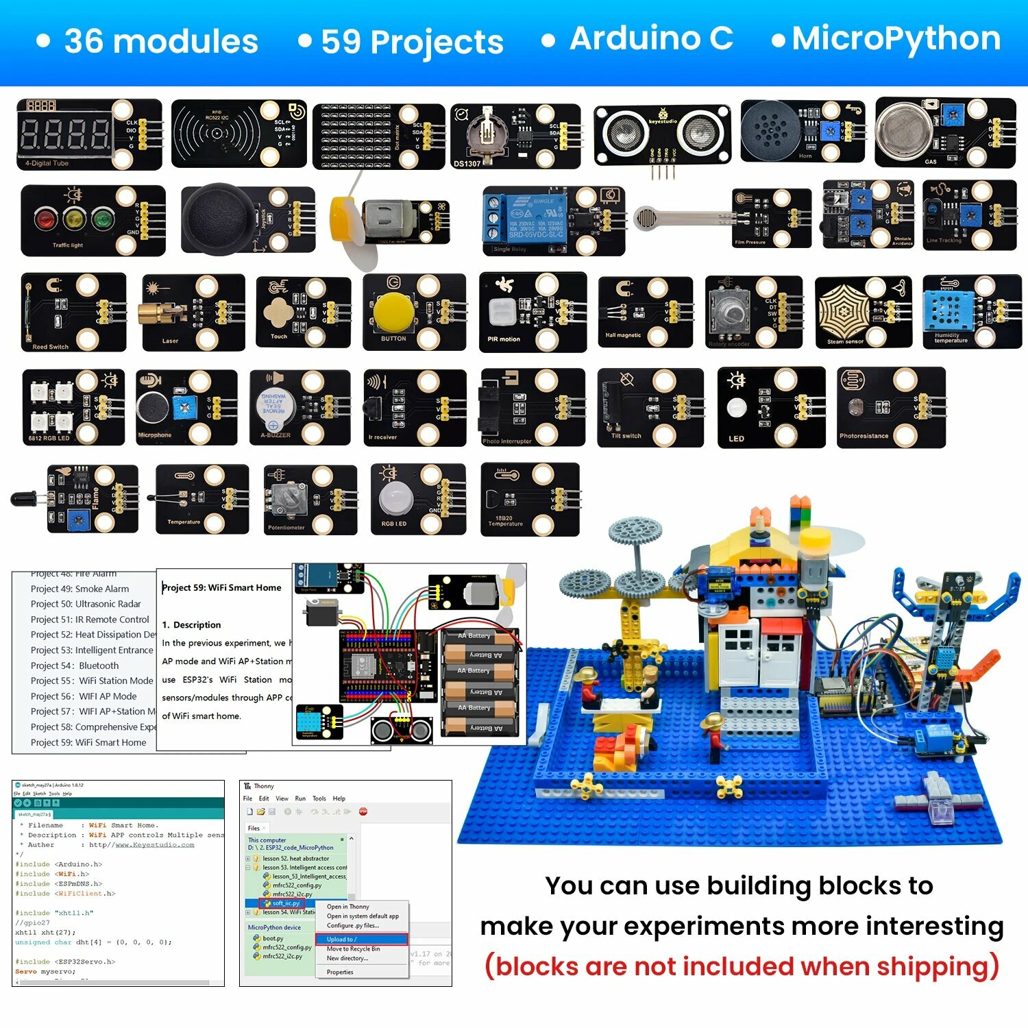 Комплект датчиков Keyestudio ESP32 RFID 37 в 1 с платой ESP32 для Arduino STEM, without ESP32 Board — фото 1