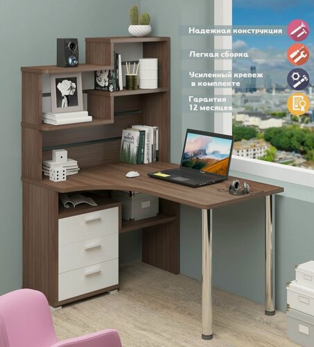 Изображение товара Стол компьютерный Мэрдэс СР-132-130 ШБЕ-ЛЕВ Шамони-Ч/Белый с надстройкой