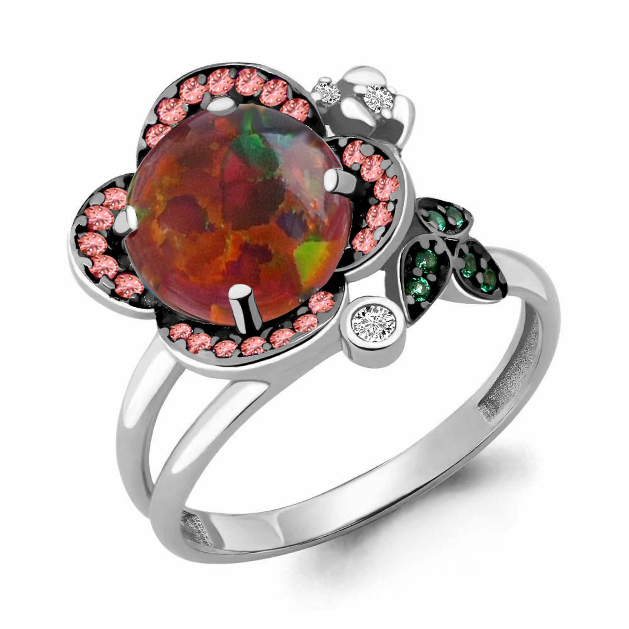 Кольцо Diamant online, серебро, 925 проба, родирование, опал, фианит, турмалин, изумруд синтетический, размер 18, микс