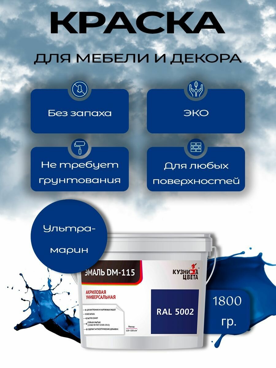 Краска для мебели и дерева без запаха Синий 1.5л