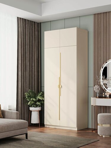 Изображение товара Шкаф для одежды распашной в прихожую, фасад и корпус сатин, ручки золото длинные