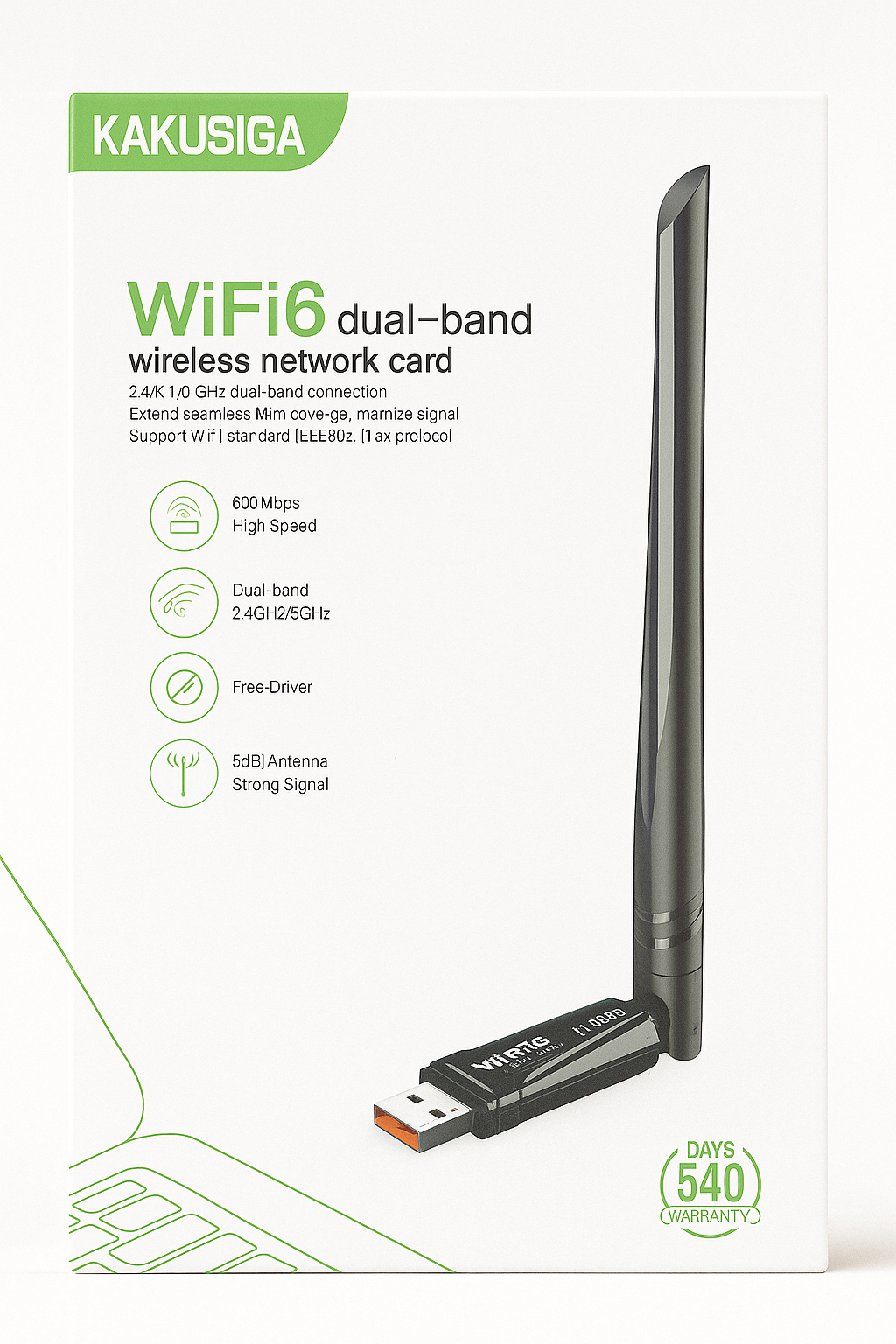 Двухдиапазонный USB-адаптер Kakusiga WiFi 6 – беспроводная сетевая карта 2.4G/5G (скорость 600 Мбит/с)