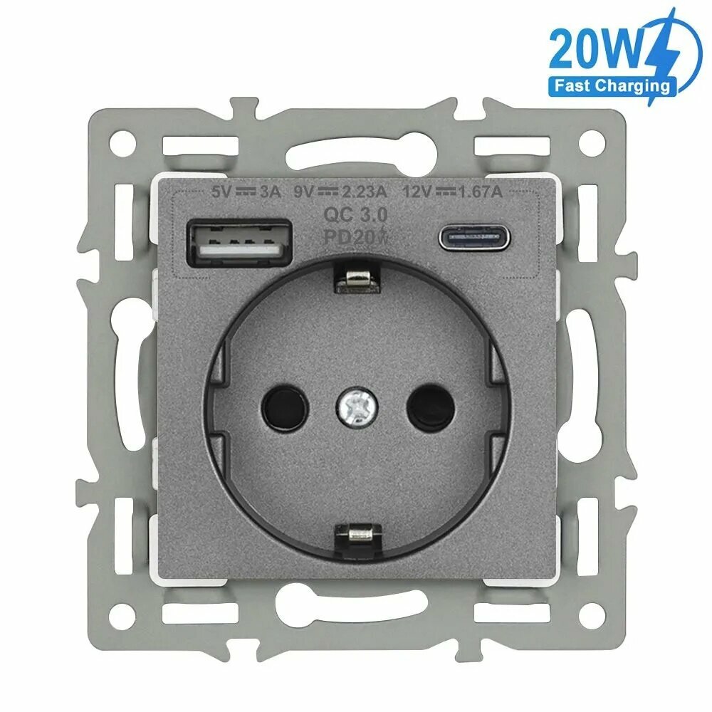 Розетка с usb(без рамки), с Usb/Type-C АC, 20Вт быстрой зарядки, серый