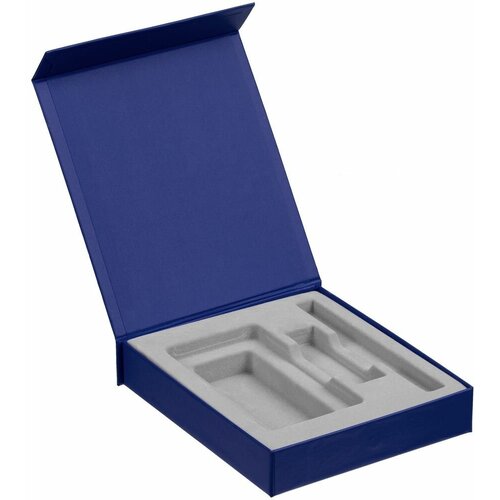 Коробка Latern для аккумулятора 5000 мАч, флешки и ручки, синяя, 17,5х15,5х3,3 см, переплетный картон; покрытие софт-тач