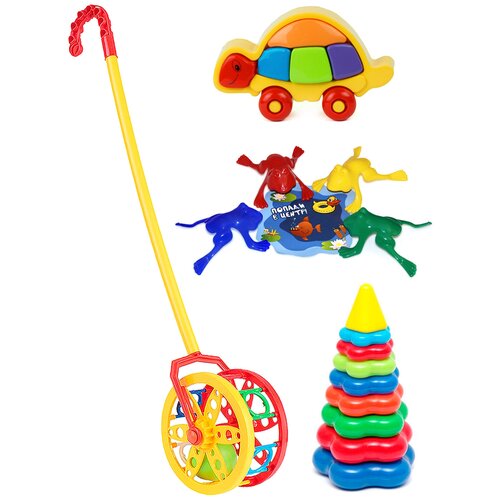 фото Набор развивающий: каталка "колесо" + логическая черепашка + пирамида детская большая + команда ква №1 karolina toys