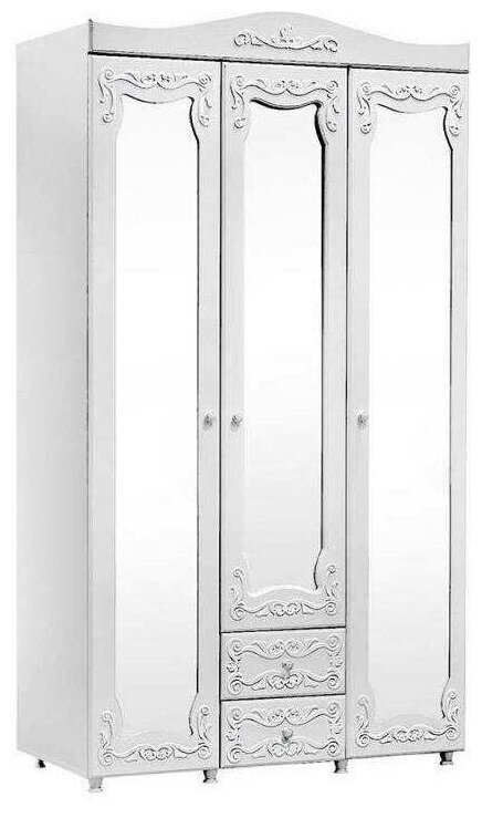 Шкаф 3-х дверный с ящиками и зеркалами Италия ИТ-58 белое дерево (Белый)