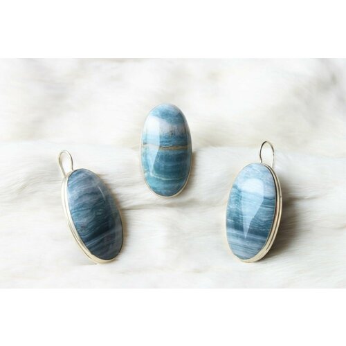 Комплект кольцо и серьги с флюоритом небесным овальные