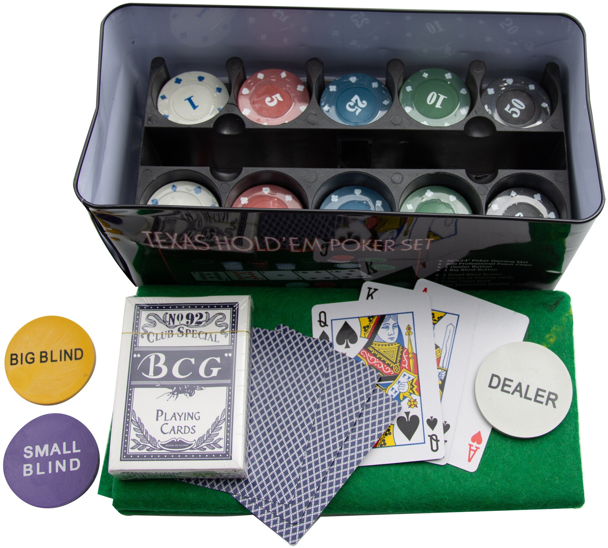 Gamesfamily Набор для покера на 200 фишек из пластика с номиналом от 1 до 50 с зеленым сукном, 2 колодами пластиковых карт, фишками дилера и блайндов