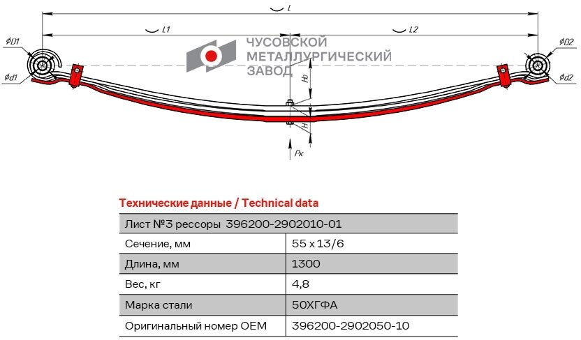 Лист №3 Рессора передняя для УАЗ 2206 3303 3909 3 листа