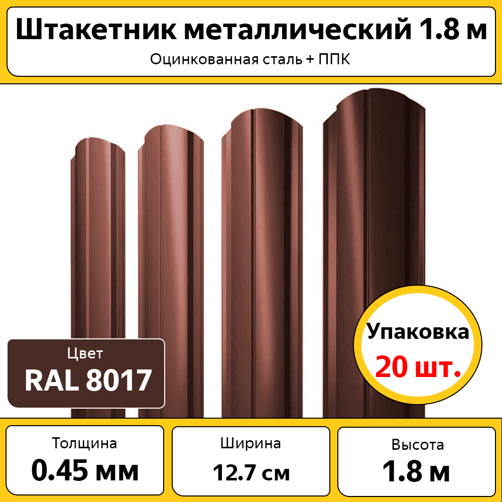 Штакетник металлический (евроштакетник) полукруглый (20 шт.) / высота 1.8 м / ширина 12,7 см / 0.45 мм / коричневый / оцинкованный - фотография № 1