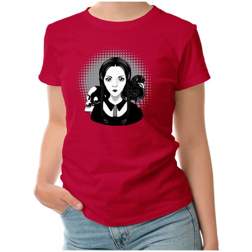 Женская футболка «Готическая девушка с черепом и вороном» (L, темно-синий)
