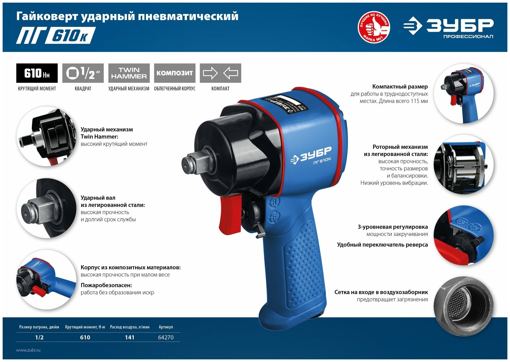 Пневмогайковерт ударный ЗУБР ПГ-610к - фотография № 5