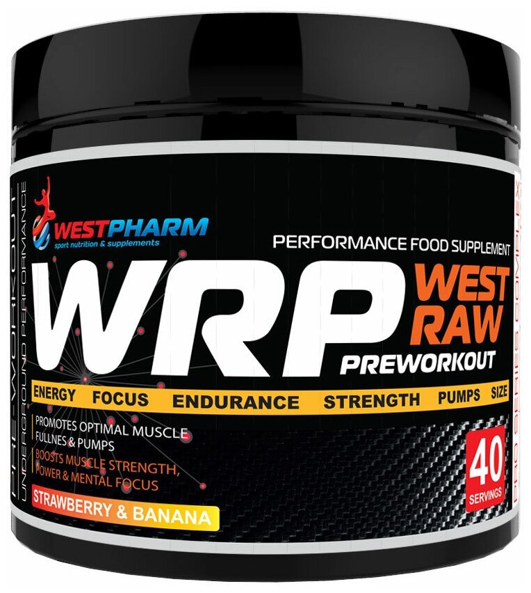 WestPharm / WRP / West Raw Preworkout / Предтренировочный комплекс со вкусом Strawberry-Banana / 320 гр, 40 порций