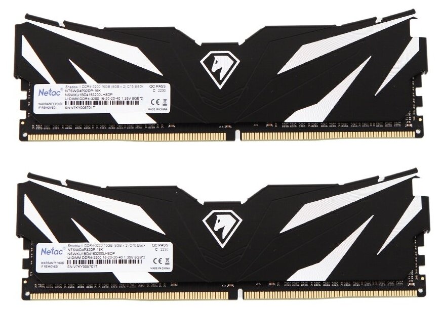 Модуль памяти DDR 4 DIMM 16Gb (8Gbx2) PC25600 3200Mhz Netac Shadow II NTSWD4P32DP-16K C16 Black с радиатором