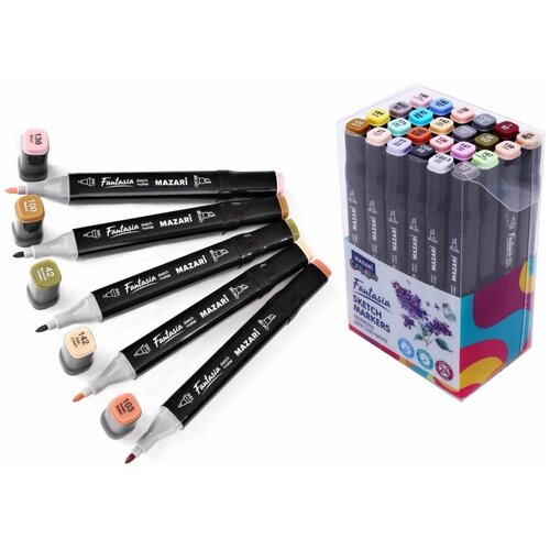 Художественный набор двухсторонних маркеров Mazari Fantasia 24 цвета Grey-pastel colors (серо-пастельные цвета), пишущие узлы 3.0-6.2 мм