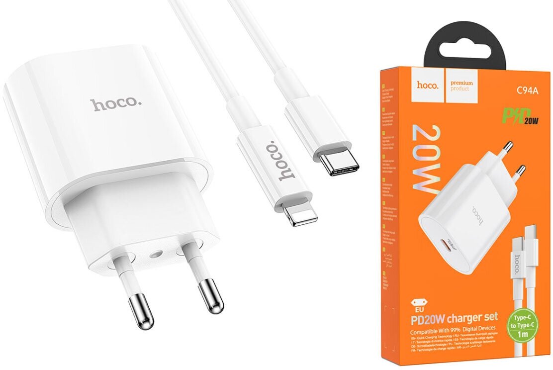 Комплект для зарядки iPhone кабель и блок питания /USB-c Lightning/Hoco c94a/1 метр/белый/передача данных/с поддержкой быстрой зарядки - фотография № 9