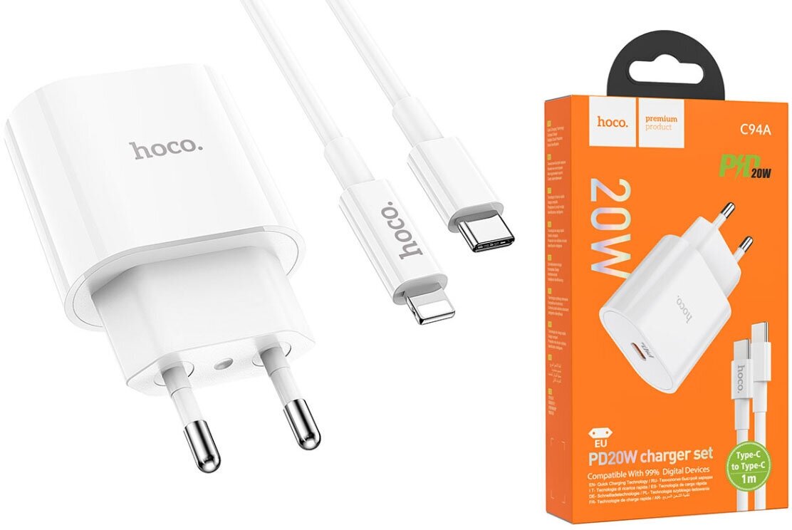 Сетевое зарядное устройство Hoco C94A Metro PD20W + кабель USB Type-C - Lightning 1м белый