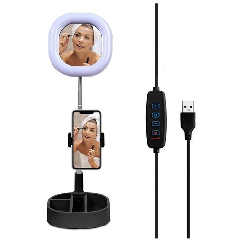 Кольцевая лампа-зеркало для макияжа Y3 настольная с лотком диаметр 16 см квадратная черная 86100₽