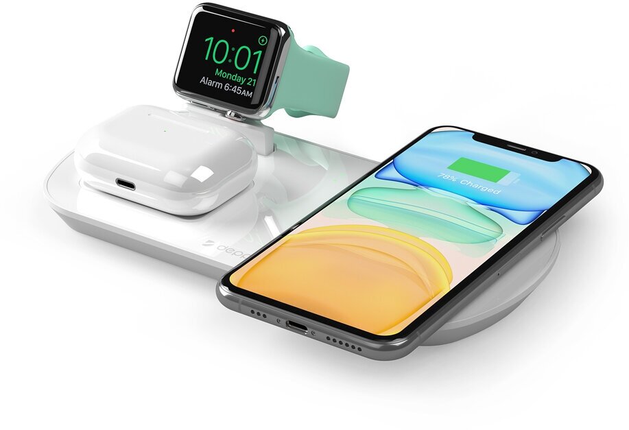 Зарядная станция 3 в 1: iPhone, Apple Watch, Airpods, беспроводная, 17,5 Вт, белая, крафт, Deppa 24010-OZ
