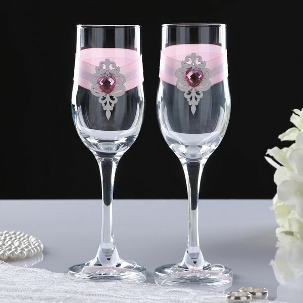 Набор свадебных бокалов "Прага", ручной работы, белый - розовый пастель, 6х6х20.5 см, 2 шт.