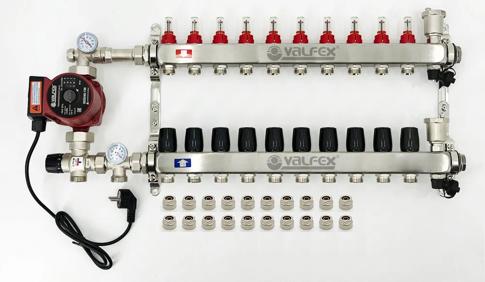 Комплект для водяного теплого пола с насосом до 160 кв/м Коллектор 10 контуров, евроконус 3/4'х16(2.0) VALFEX