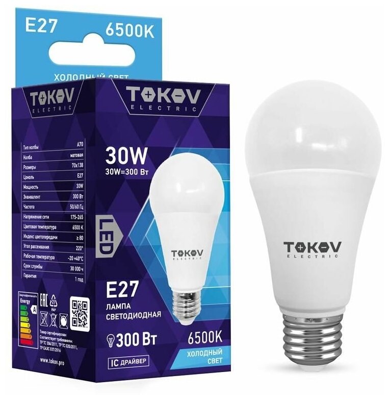 Лампа светодиодная 30Вт А70 6500К Е27 176-264В TOKOV ELECTRIC TKE-A70-E27-30-6.5K