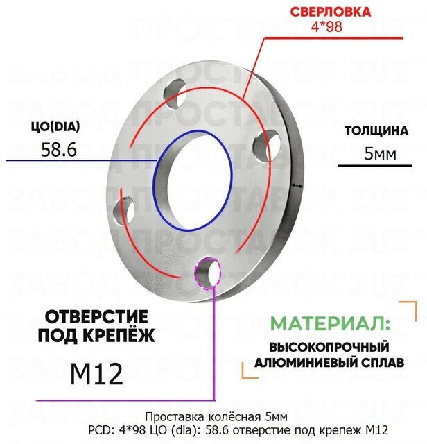 Проставка колёсная 1 шт 5мм PCD: 4*98 ЦО (DIA): 58,6 отверстие под крепёж M12 на ступицу: Lancia, Skoda, ВАЗ, Лада 4x98