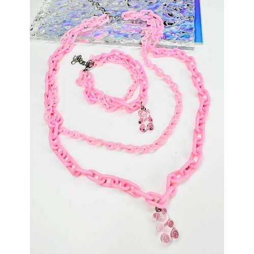 фото Комплект бижутерии: колье, браслет, размер браслета 17 см, размер колье/цепочки 50 см, розовый acfox