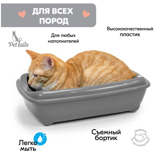 Туалет для кошек PetTails с рамкой глубокий, малый (под наполнитель) 38 х 27 х 10см, серый