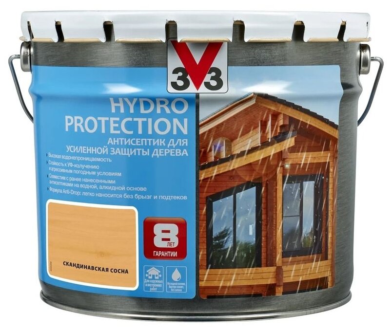 Пропитка V33 антисептик для усиленной защиты дерева Hydro Protection, 9 л, скандинавская сосна - фотография № 1