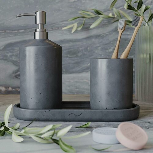 Изображение товара Набор для ванной комнаты Astrid 02 (стакан для щеток, дозатор для мыла, поднос S декоративный), бетон, графитовый