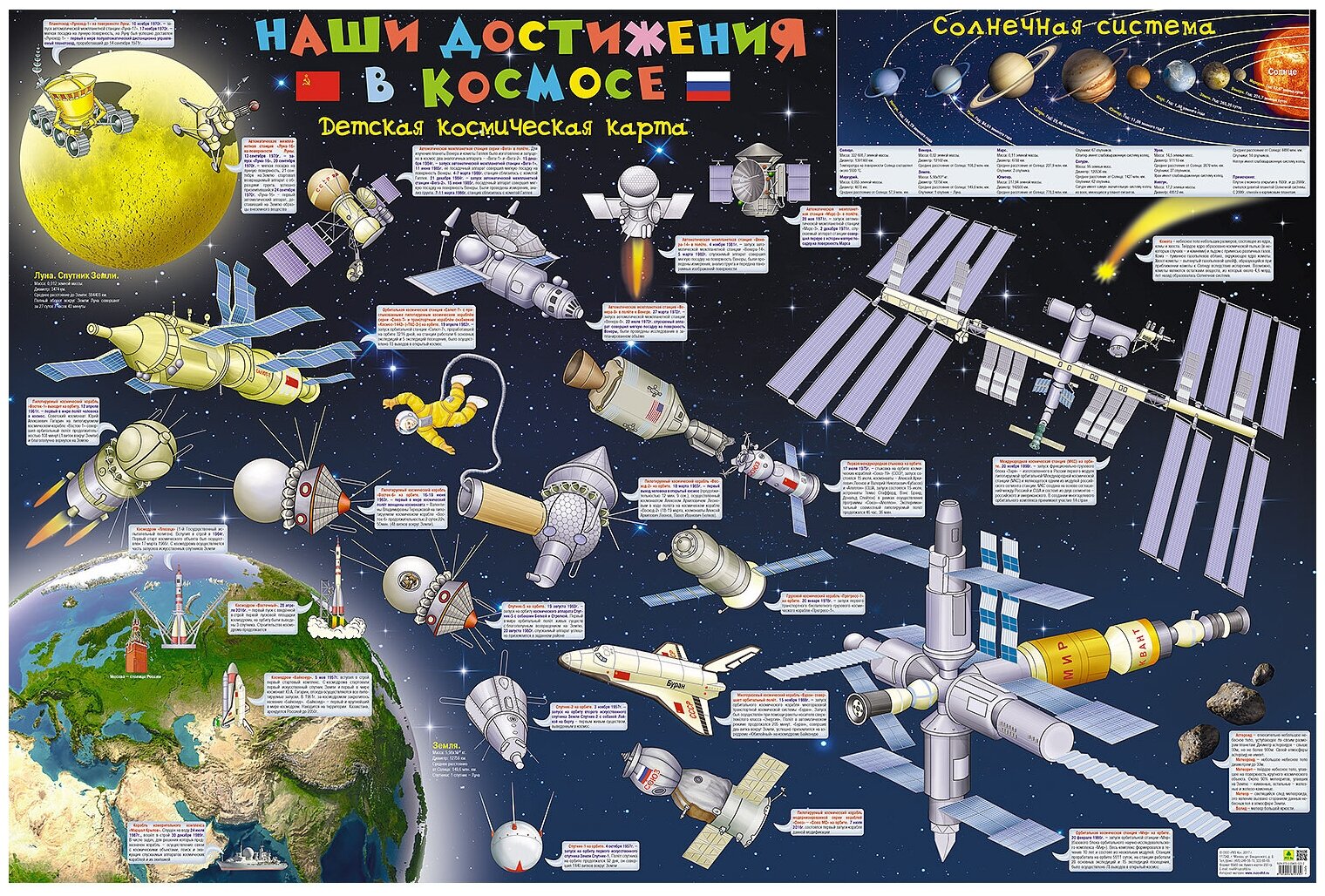 Детская космическая карта. Наши достижения в космосе. Настенная карта на картоне.