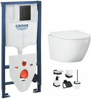 Готовое решение: инсталляция Grohe с шумоизоляцией и кнопкой, безободковый подвесной унитаз Helmken 35103001, быстросъемное сиденье, аксессуары Am.Pm