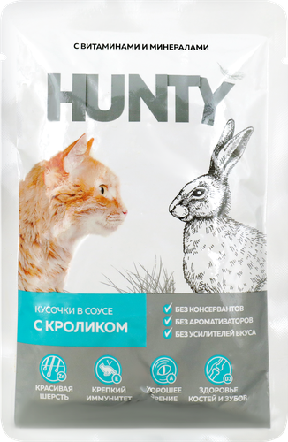 Корм консервированный для кошек HUNTY сочные кусочки в соусе с кроликом 85г