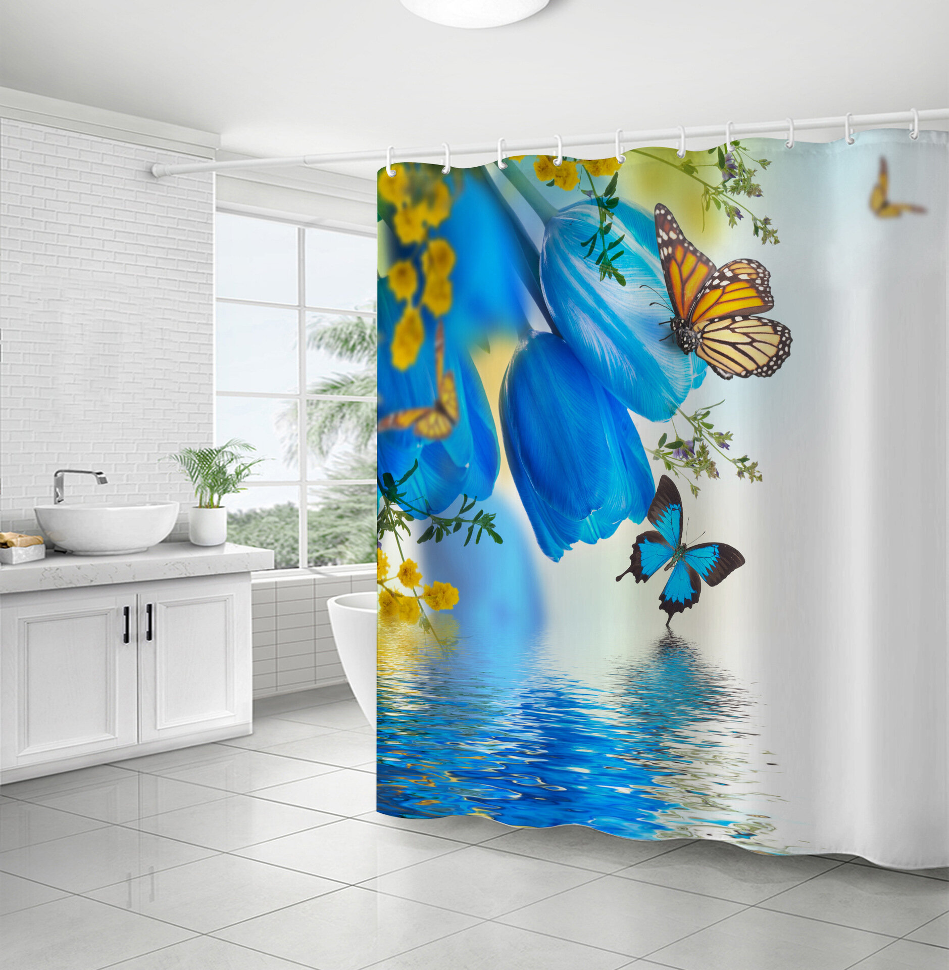 Штора (занавеска) для ванной / душа водоотталкивающая тканевая с кольцами 180 x 180 см Бабочки 10