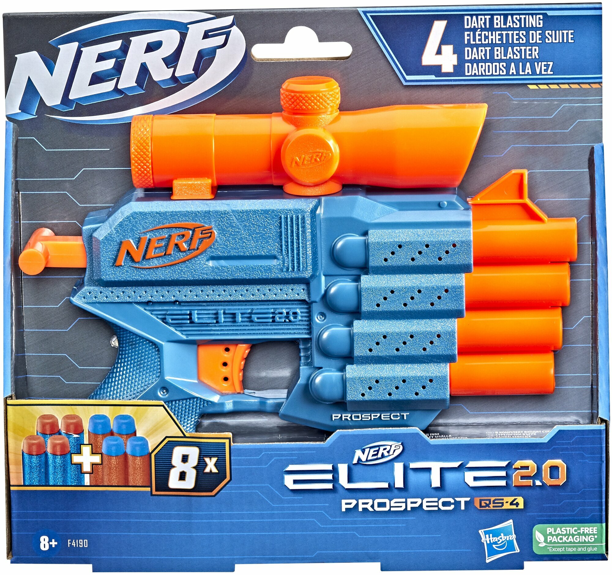Бластер Nerf Elite 2.0 Проспект QS-4 F4190, 22 см, голубой/оранжевый