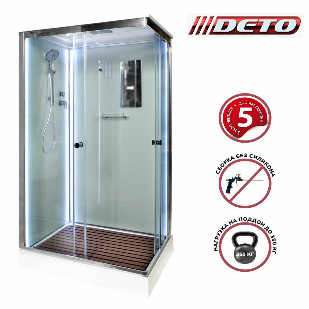Deto K402S (120x90x220)LED, низкий поддон, стекло прозрачное, универсальная