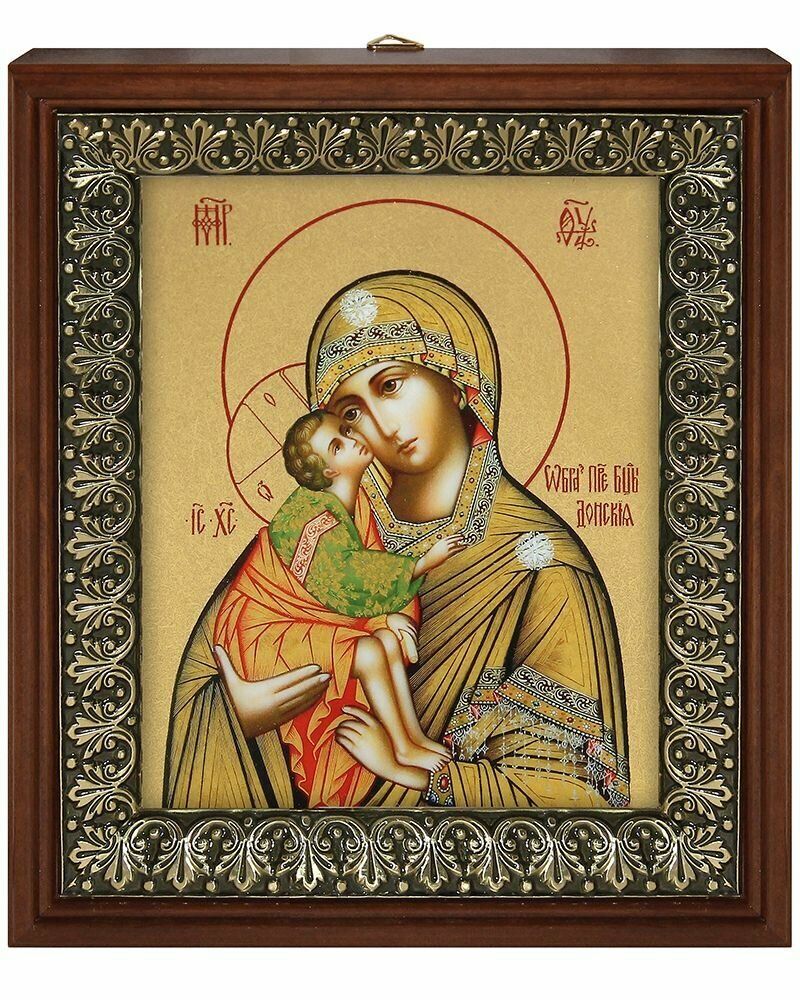 Икона "Пресвятая Богородица "Донская" на золотом фоне в рамке со стеклом (размер изображения: 13х16 см; размер рамки: 18х20,7 см).