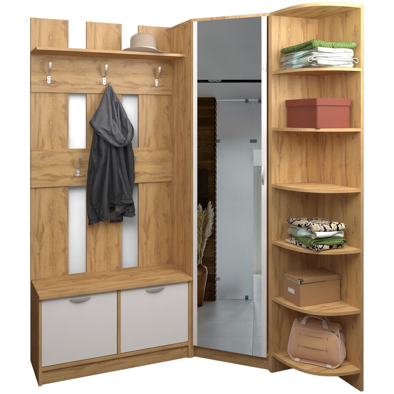 фото Угловая прихожая Энтри-11 с зеркалом, дуб золотистый и белый