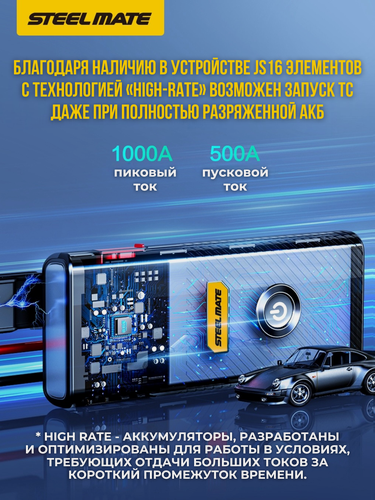 Изображение товара Пусковое зарядное устройство SteelMate JS16 c LED фонарем (16000mAh/1000A)