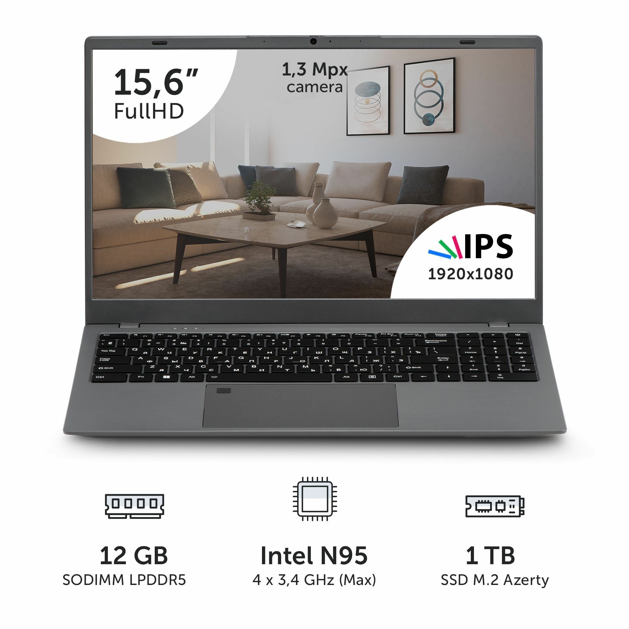 Ноутбук Azerty AZ-1526 (15.6" IPS 1920x1080, Intel N95 4x1.7Ghz, 12Gb LPDDR5, 1Tb SSD)
