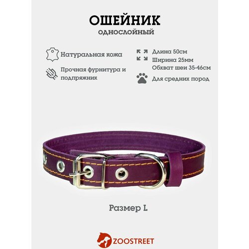 Ошейник для собак средних пород кожаный, однослойный, 25мм, 50см, с подпряжником L