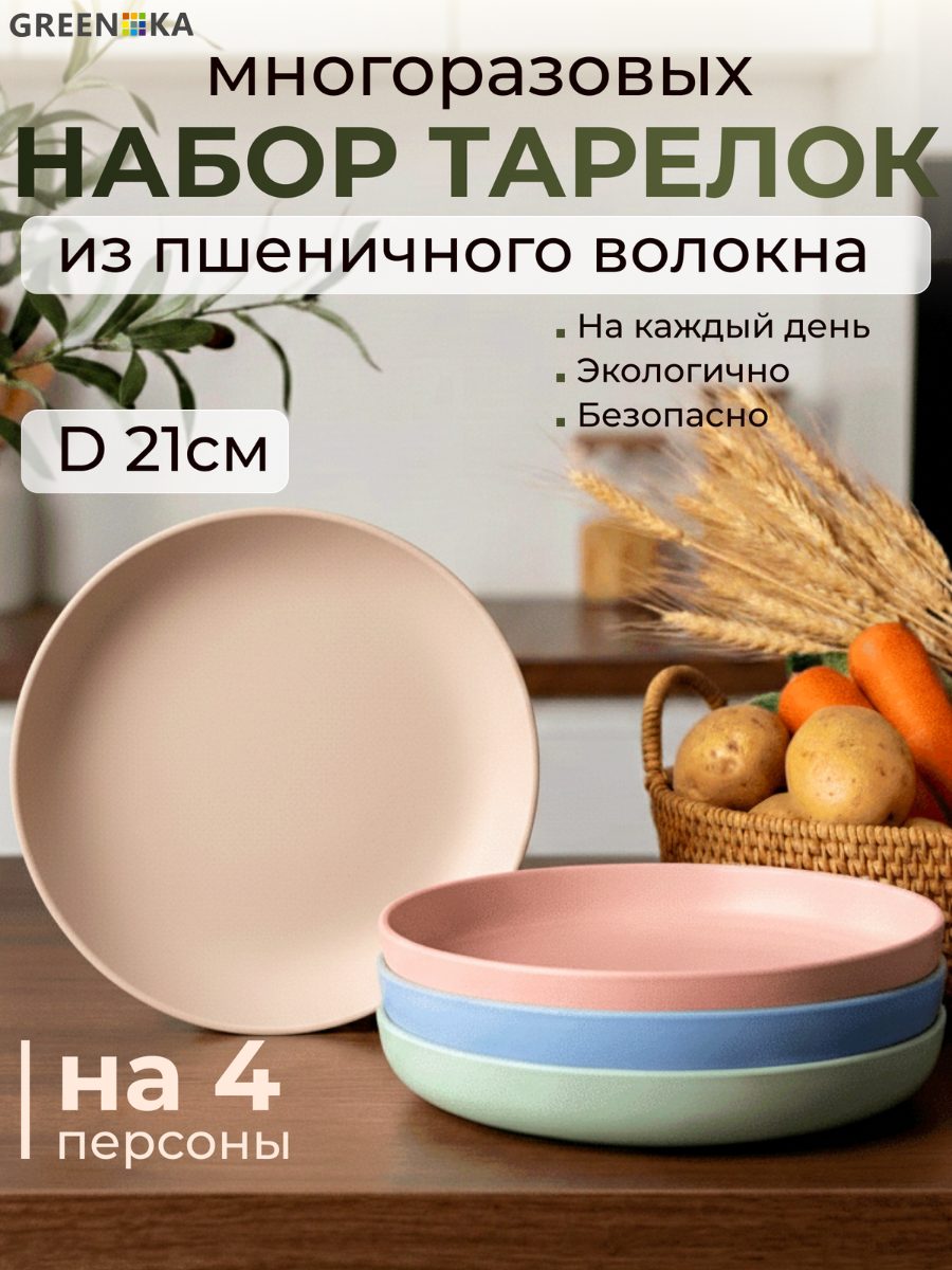 Набор тарелок GREENKA, пластик, из пшеничной соломы, диаметр 21см, 4шт