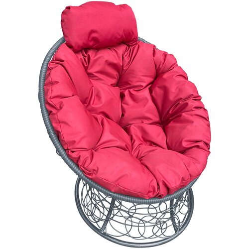 Кресло M-Group папасан мини ротанг серый, красная подушка