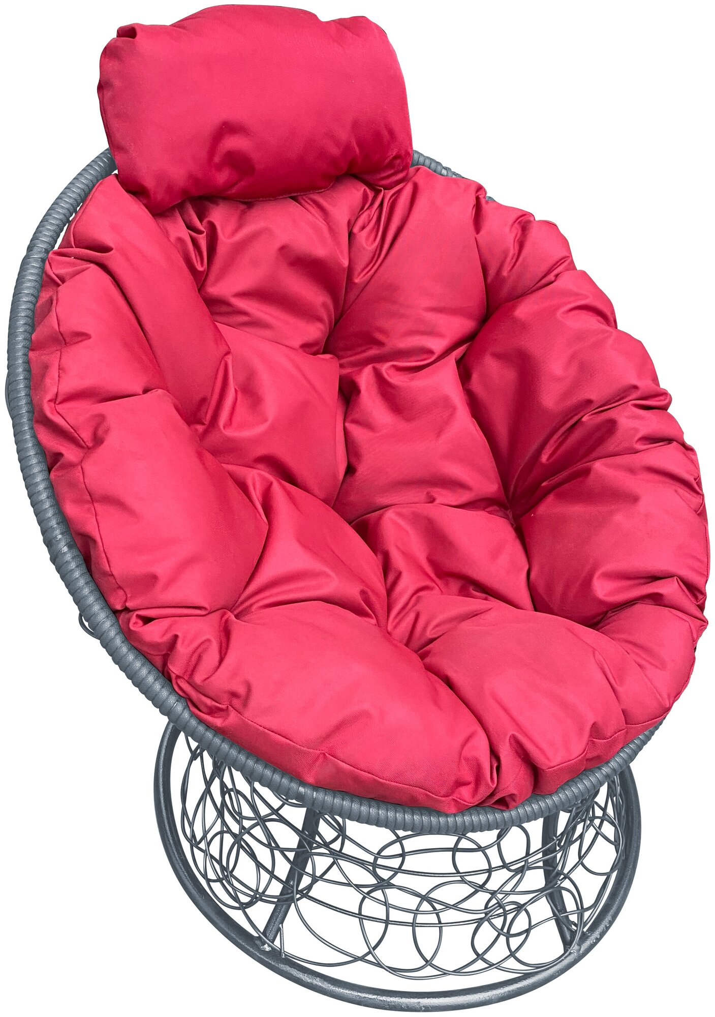 Кресло папасан мини с ротангом серое, красная подушка - фотография № 1